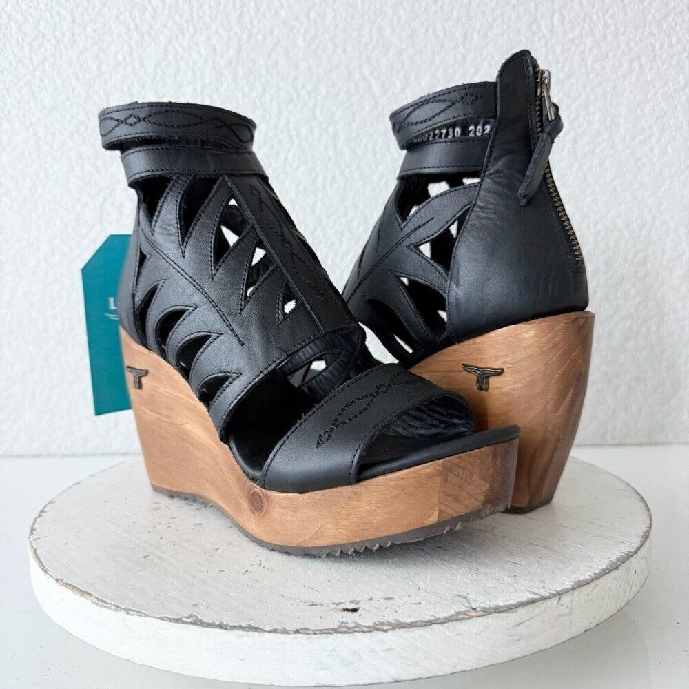 NEW Lane Boots BECCA Womens Black Wedges Western Sandals Leather Wooden Heel 7.5